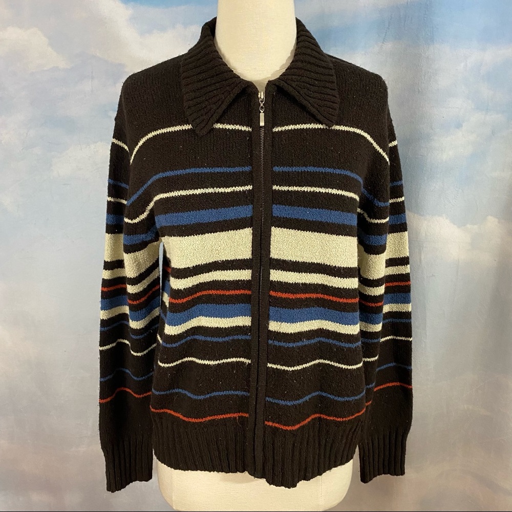 Express Zip up Collared Cardigan Sweater Brown Cream Blue Orange Size Large